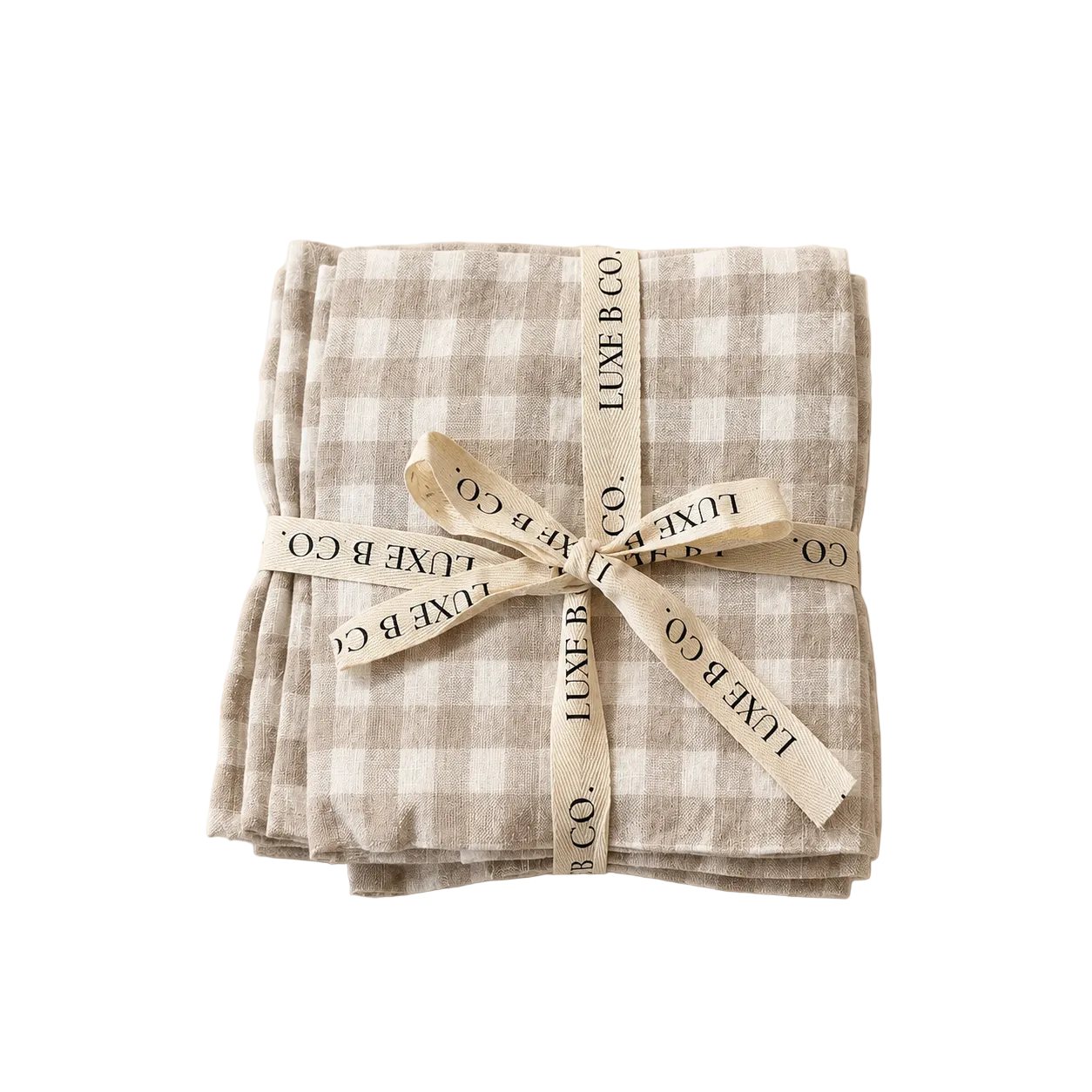 Beige gingham linen dish towels set by Luxe B Co, featuring soft fabric and classic checkered pattern for kitchen use.