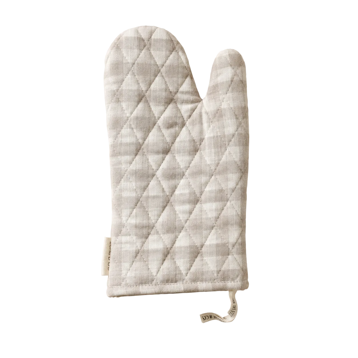 Beige gingham linen oven mitt by Luxe B Co. with quilted design and loop for hanging, ideal for handling hot cookware.