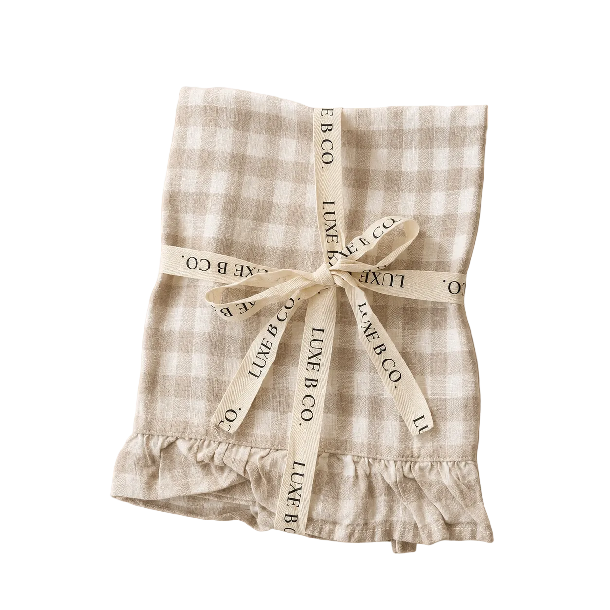Beige gingham linen dish towel with ruffle detail from Luxe B Co, perfect for kitchen decor and drying dishes.