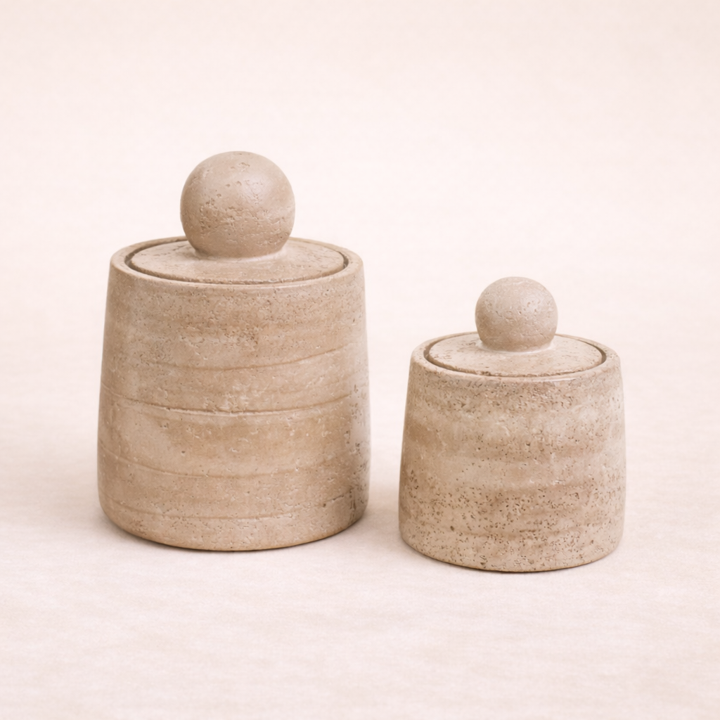 Beige travertine cement canister decorative object by Luxe B Co, showcasing a smooth, modern design for home decor.