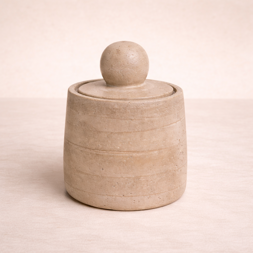 Beige travertine cement canister decorative object by Luxe B Co with a smooth, modern finish and rounded shape.