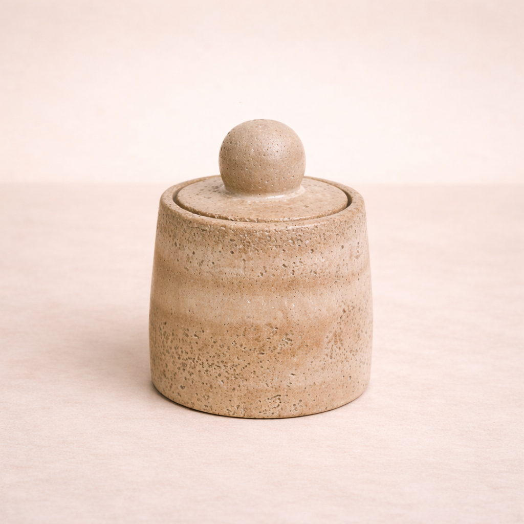 Beige travertine cement canister decorative object by Luxe B Co, with smooth textured surface and minimalist design.