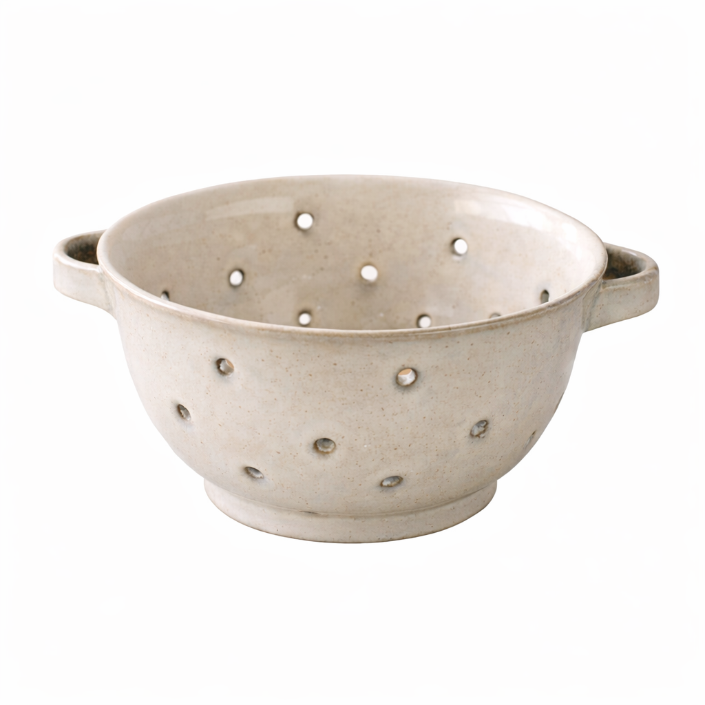 Beige ceramic colander with handles on a white background