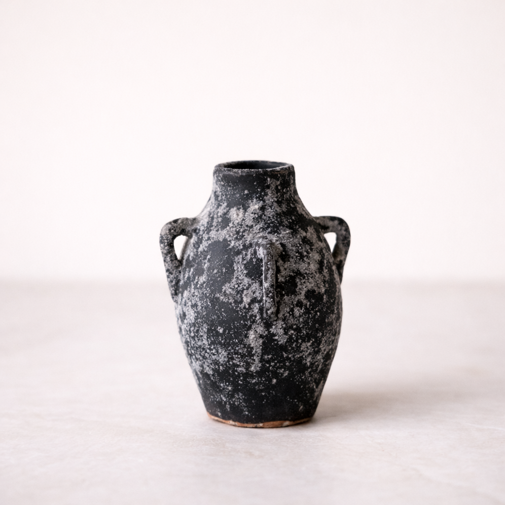 Black Thassos Four Handle Terracotta Vase by Luxe B Co with textured finish and four stylish handles.