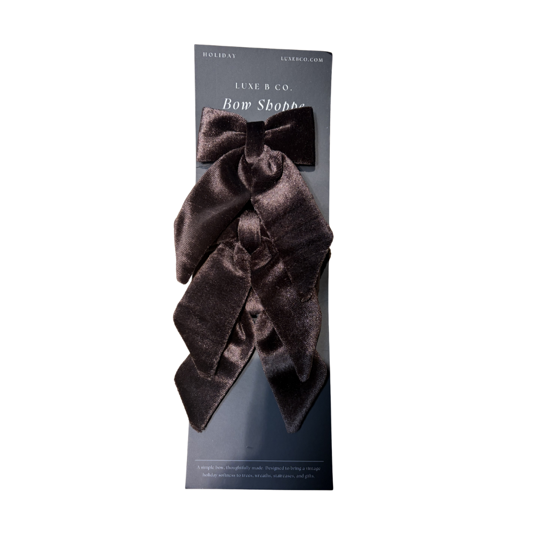 Set of brown velvet mini fabric bows with clips by Luxe B Co, perfect for hair accessories or decorative use.