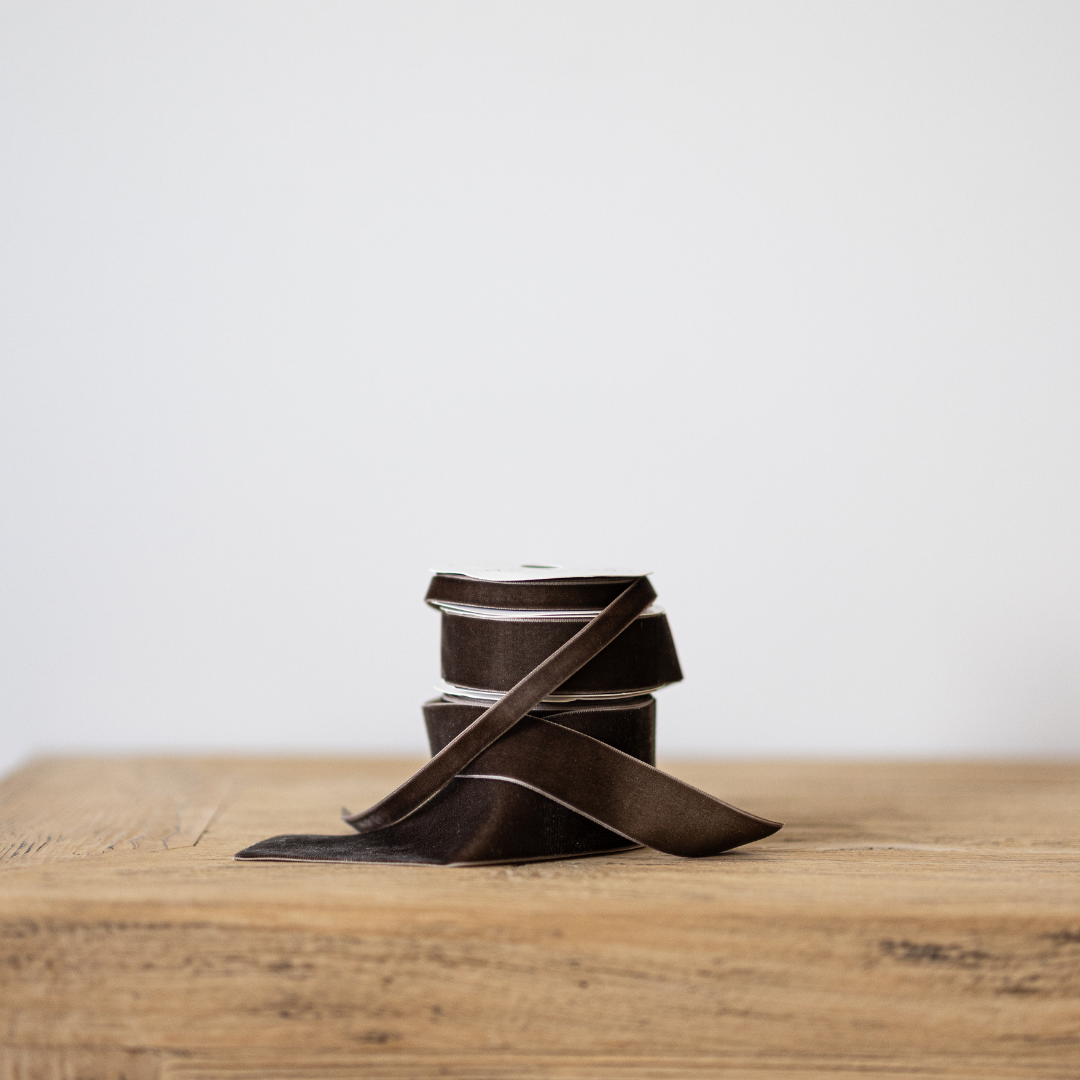 Brown velvet holiday ribbon by Luxe B Co, showcasing a soft, textured velvet ribbon suitable for festive gift wrapping.