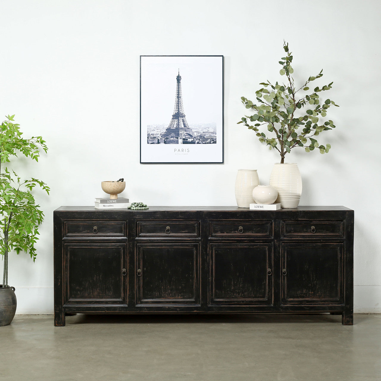 Calabasas Reclaimed Elm Wood Four Drawer Console Table Grand Black Wash | By Luxe B Co.