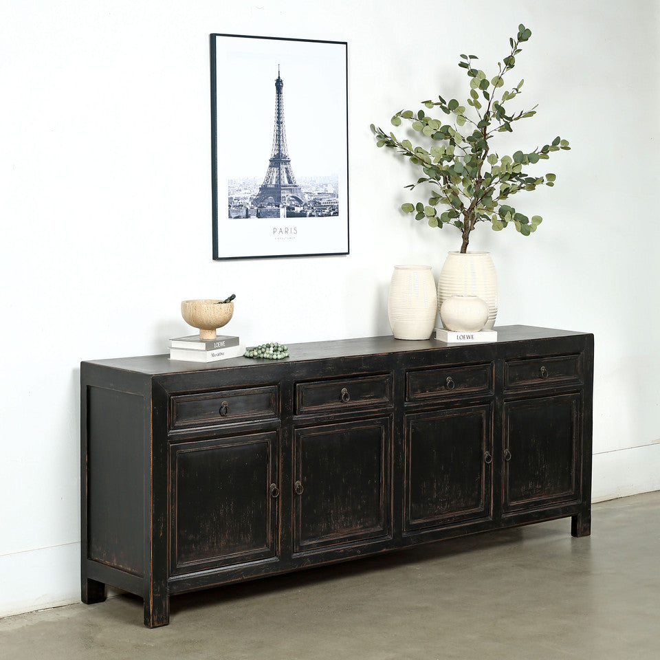 Calabasas Reclaimed Elm Wood Four Drawer Console Table Grand Black Wash | By Luxe B Co.