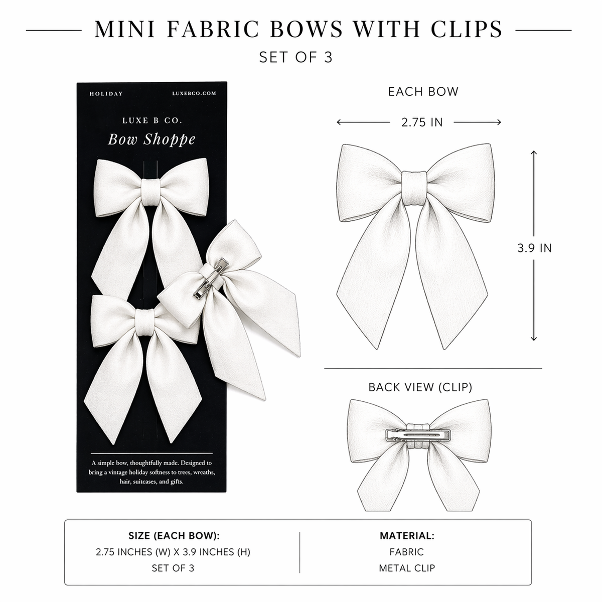Red and white striped mini fabric bows with clips, perfect for holiday accessories, by Luxe B Co.
