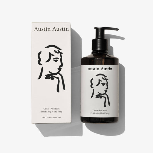 Austin Austin Cedar & Patchouli Exfoliating Hand Soap with natural cedarwood and patchouli scents, featuring exfoliating particles.