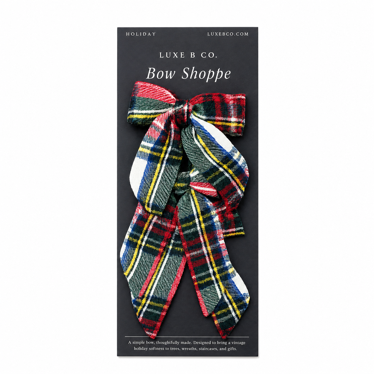 Set of Luxe B Co holiday plaid mini fabric bows with clips, featuring red and green patterns on a white background.