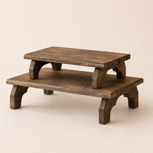 Reclaimed wooden decorative tray from PD HOME, showcasing a rustic wooden riser with a natural finish for home decor.