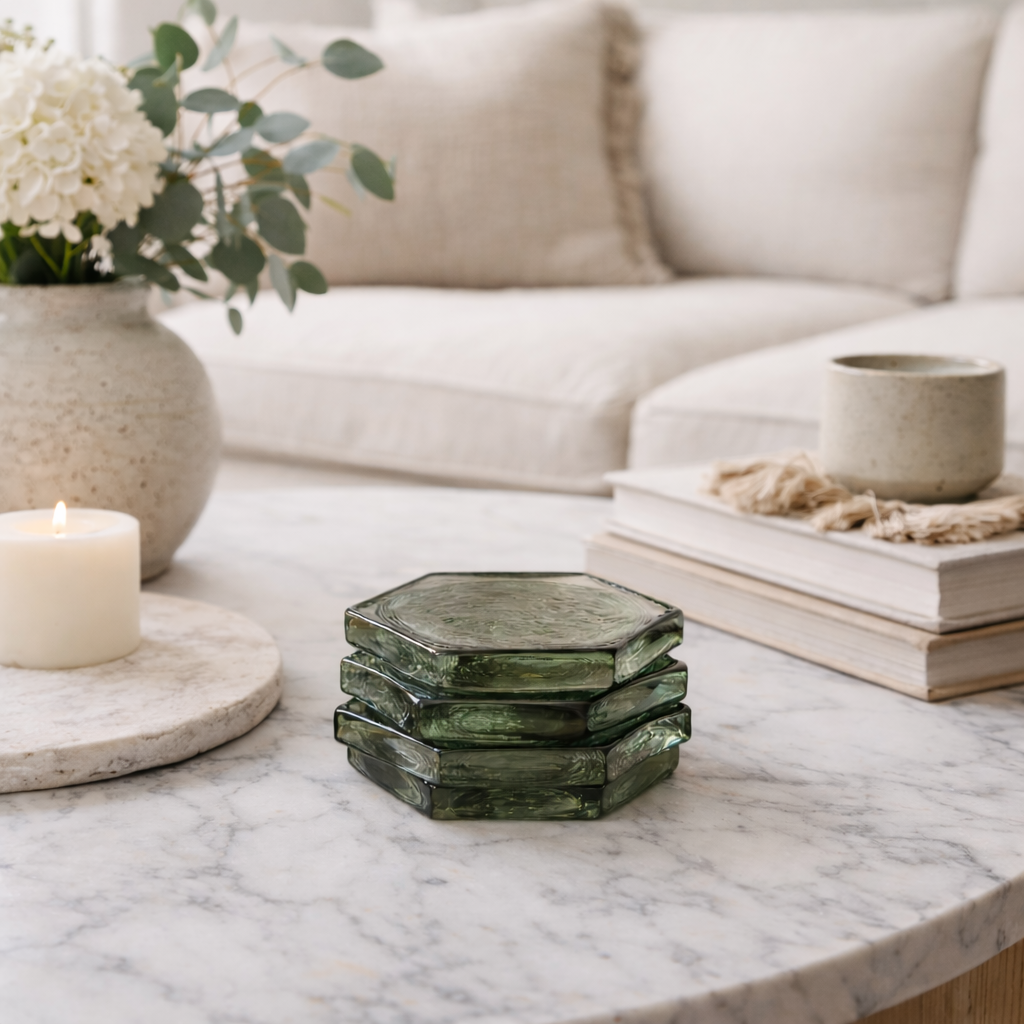 Set of Luxe B Co hexagon glass coasters with clear glass and modern geometric design for protecting surfaces.
