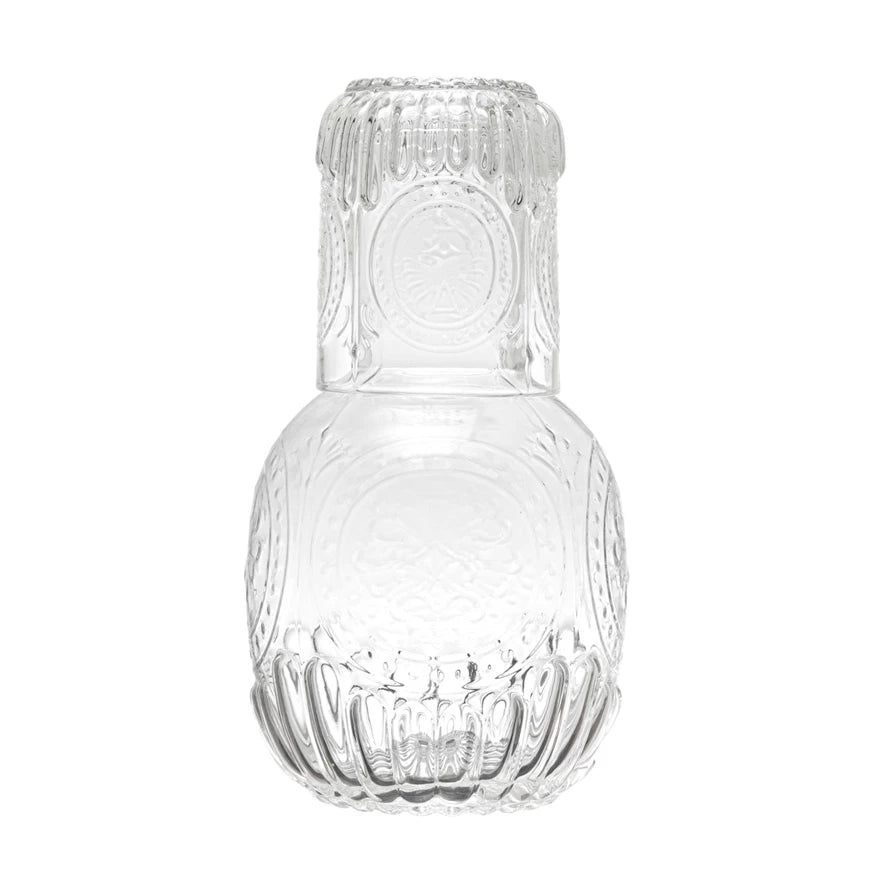 Embossed Glass Carafe With Drinking Glass | By Luxe B Co