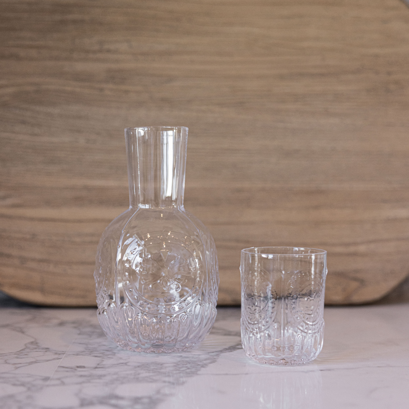 Embossed Glass Carafe With Drinking Glass | By Luxe B Co.