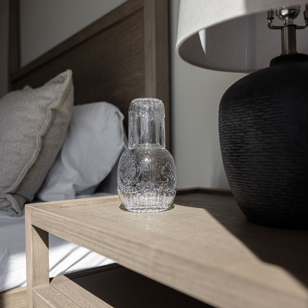 Embossed Glass Carafe With Drinking Glass | By Luxe B Co.