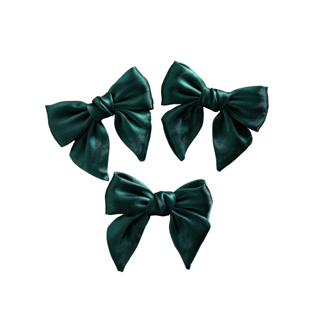 Set of three emerald green gauze bows by Luxe B Co, soft and lightweight decorative hair accessories.