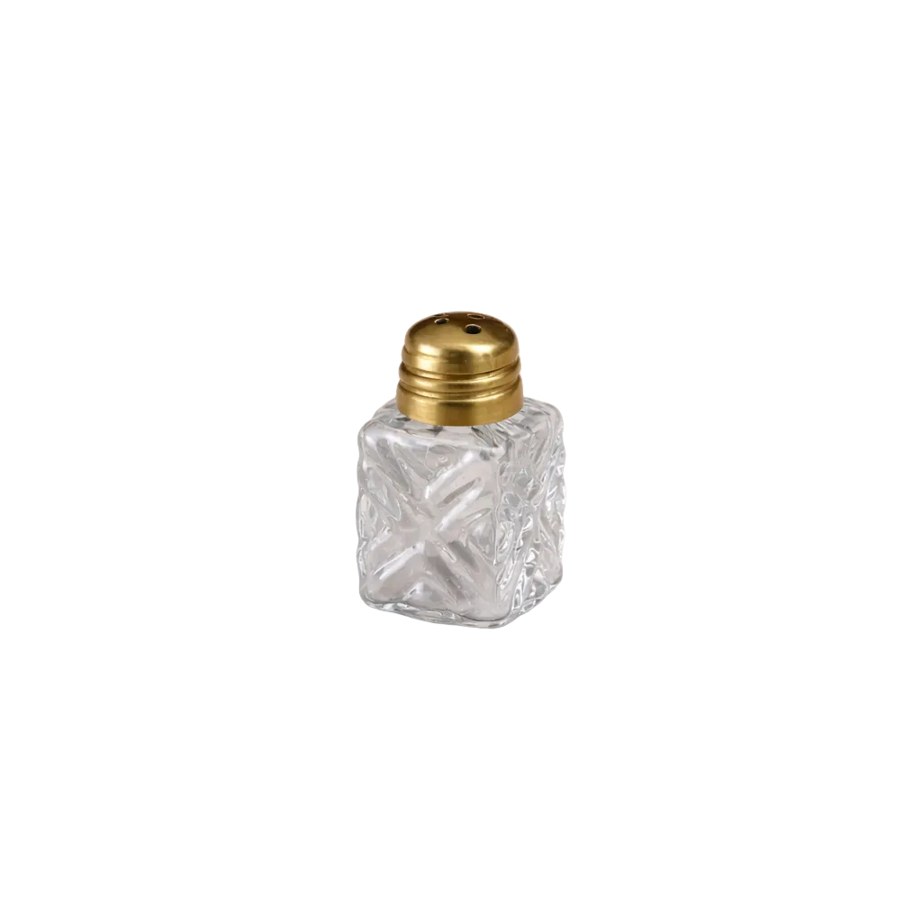 Engraved glass mini salt and pepper shakers by Luxe B Co with decorative engraved patterns for tabletop use.