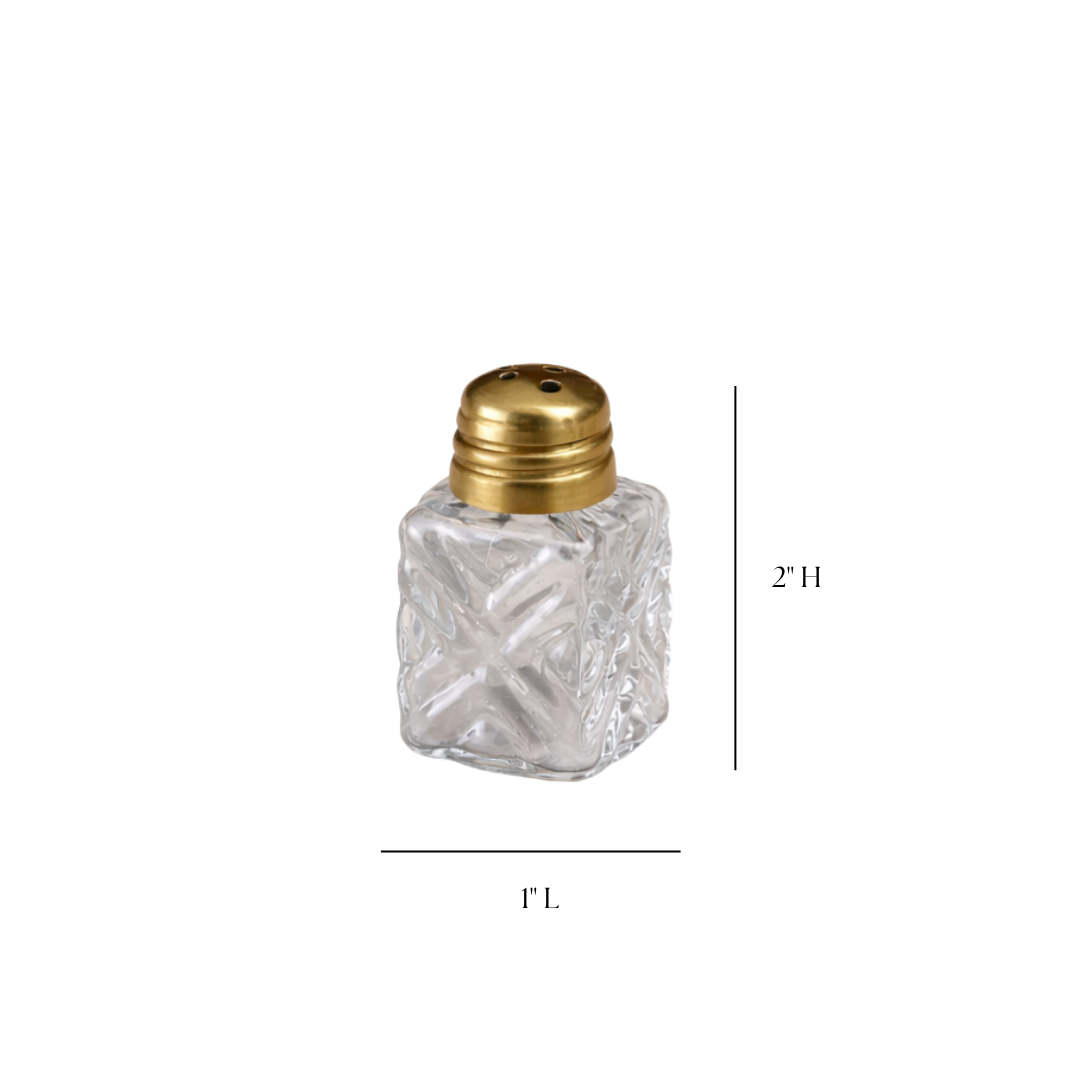 Engraved glass mini salt and pepper shakers by Luxe B Co, featuring decorative engraved patterns on clear glass.