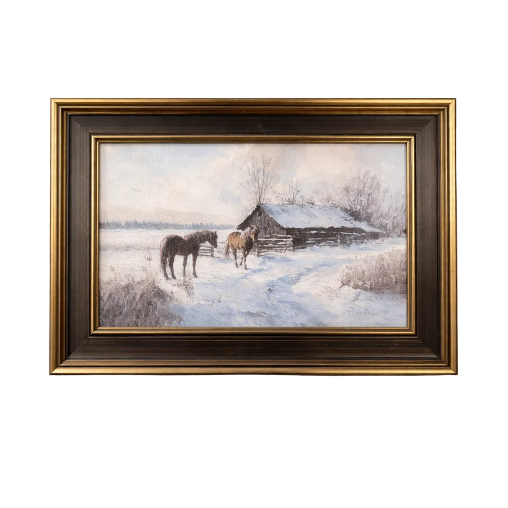 Black framed equestrian barn art with antique-inspired brass trim by Luxe B Co, featuring detailed horse and barn scene.