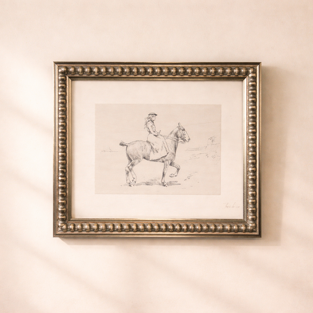 Equestrian Sketch | Antique Inspired Beaded Polished Framed Art By Luxe B Co. 