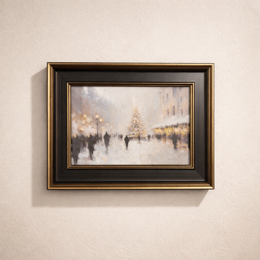 European Christmas Market framed art by Luxe B Co featuring antique-inspired brass trim and a black frame, showcasing festive holiday scene.