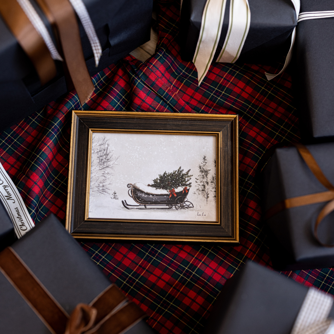 Festive Sleigh | Antique Inspired Brass Trim Black Framed Art