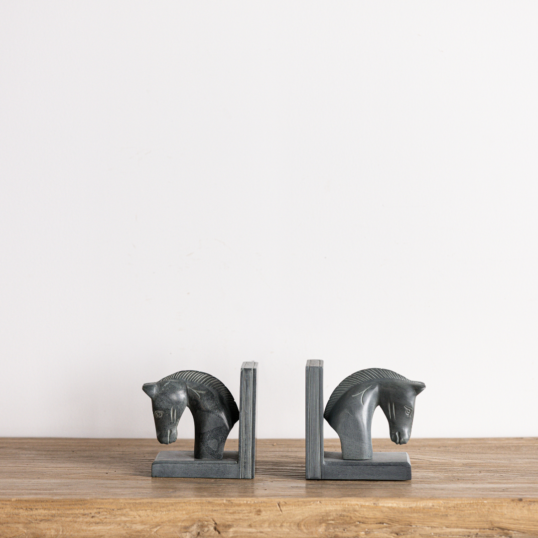 Hand Carved Stone Horses Bookends Set By Luxe B Co. 