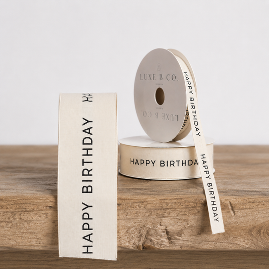 "Happy Birthday" White Woven Ribbon By Luxe B Co.