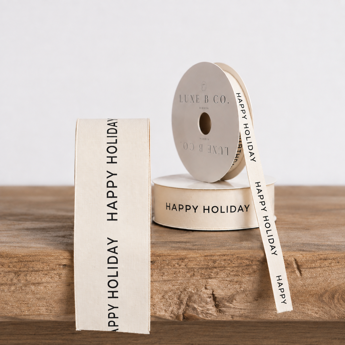 "Happy Holiday" White Woven Ribbon By Luxe B Co. 