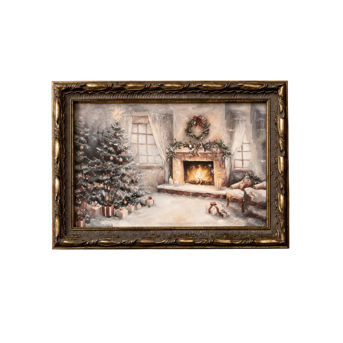 Antique-inspired silver crown leaf framed art featuring a holiday cottage scene by Luxe B Co.