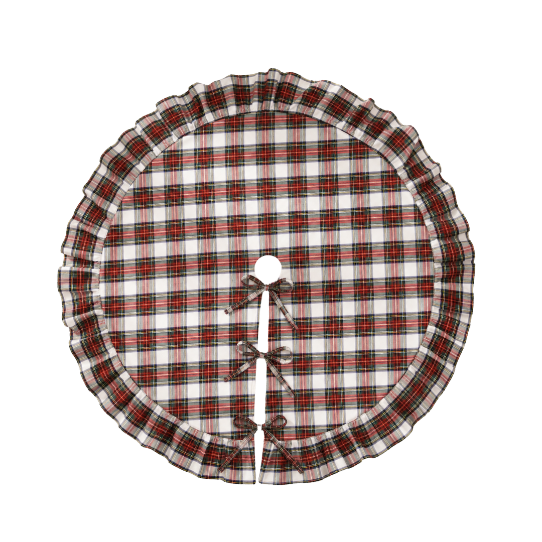 Luxe B Co. holiday plaid ruffle tree skirt with festive red and green plaid pattern and ruffled edge for Christmas decor.
