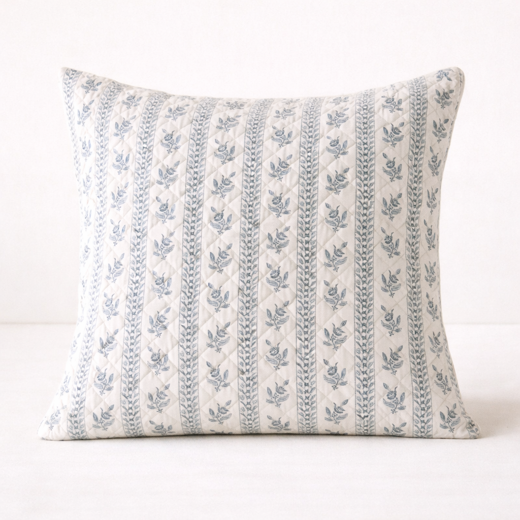 Indigo Floral Quilted Stripe Pillow Sham | By Luxe B Co. 