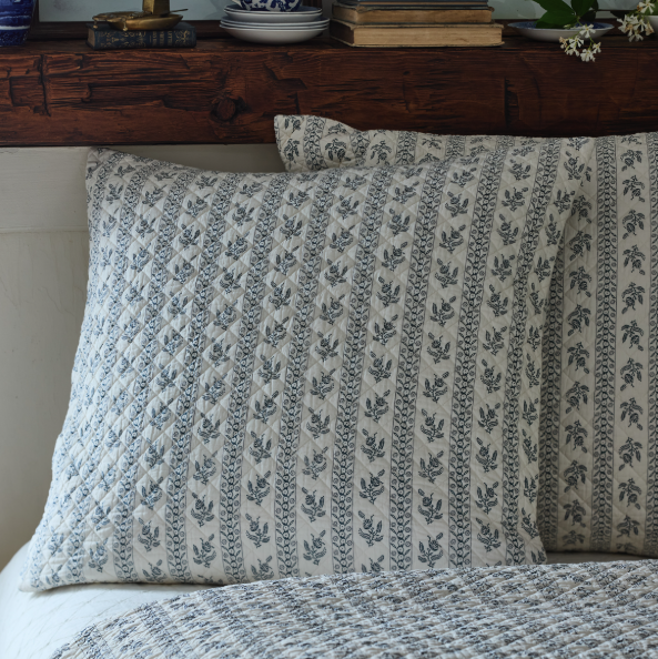 Indigo Floral Quilted Stripe Pillow Sham | By Luxe B Co. 