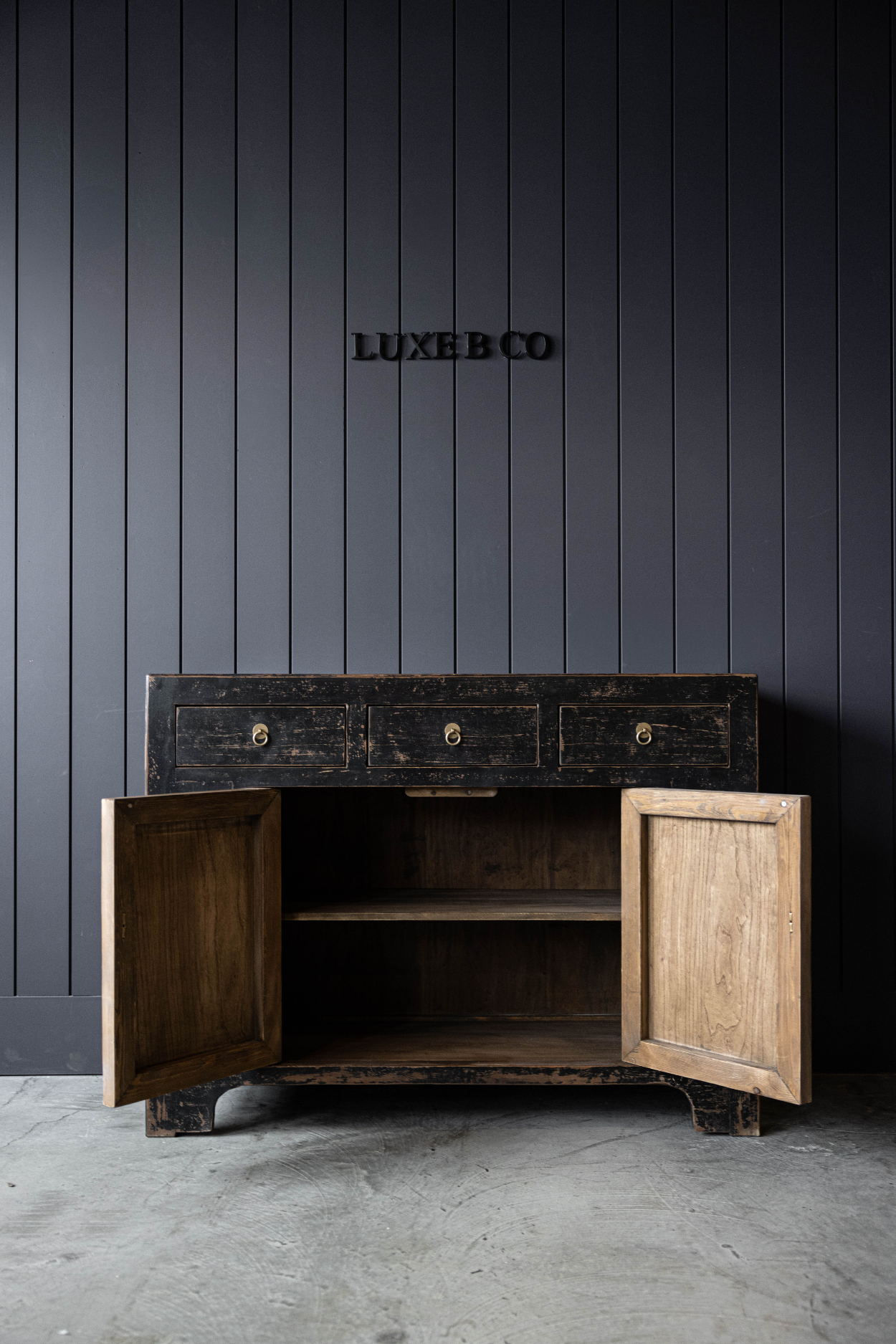 Indio Black Wash Elm Wood Console Table | By Luxe B Co. 