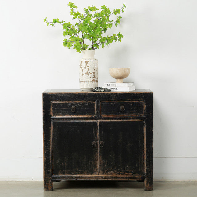 Indio Elm Wood Two Drawer Console Table Grand Black Wash | By Luxe B Co.