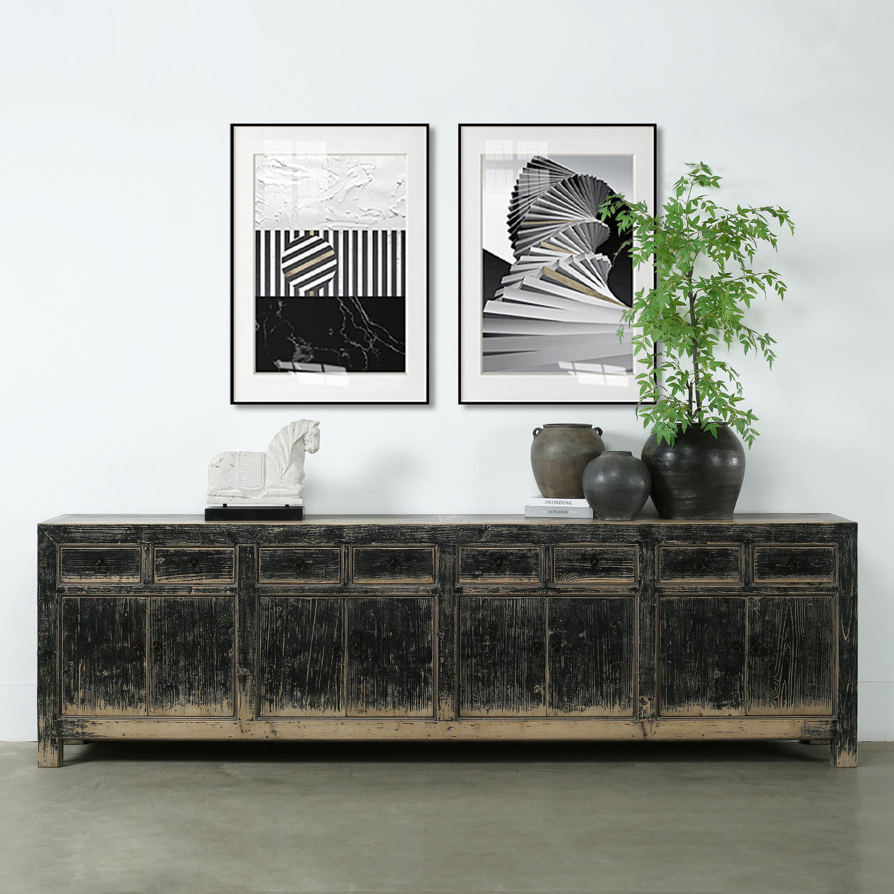 Indio Reclaimed Elm Wood Elm Eight Drawer Console Black Wash | By Luxe B Co.