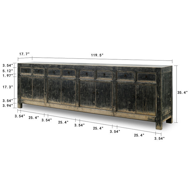 Indio Reclaimed Elm Wood Elm Eight Drawer Console Black Wash | By Luxe B Co.