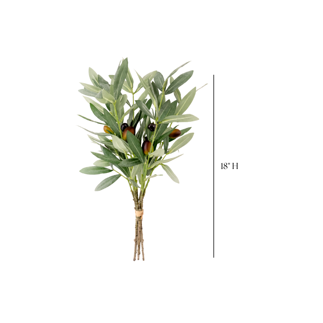 Realistic green Italian faux olive bunch from Luxe B Co, showcasing lush olive leaves and clustered olives on a natural-looking stem.