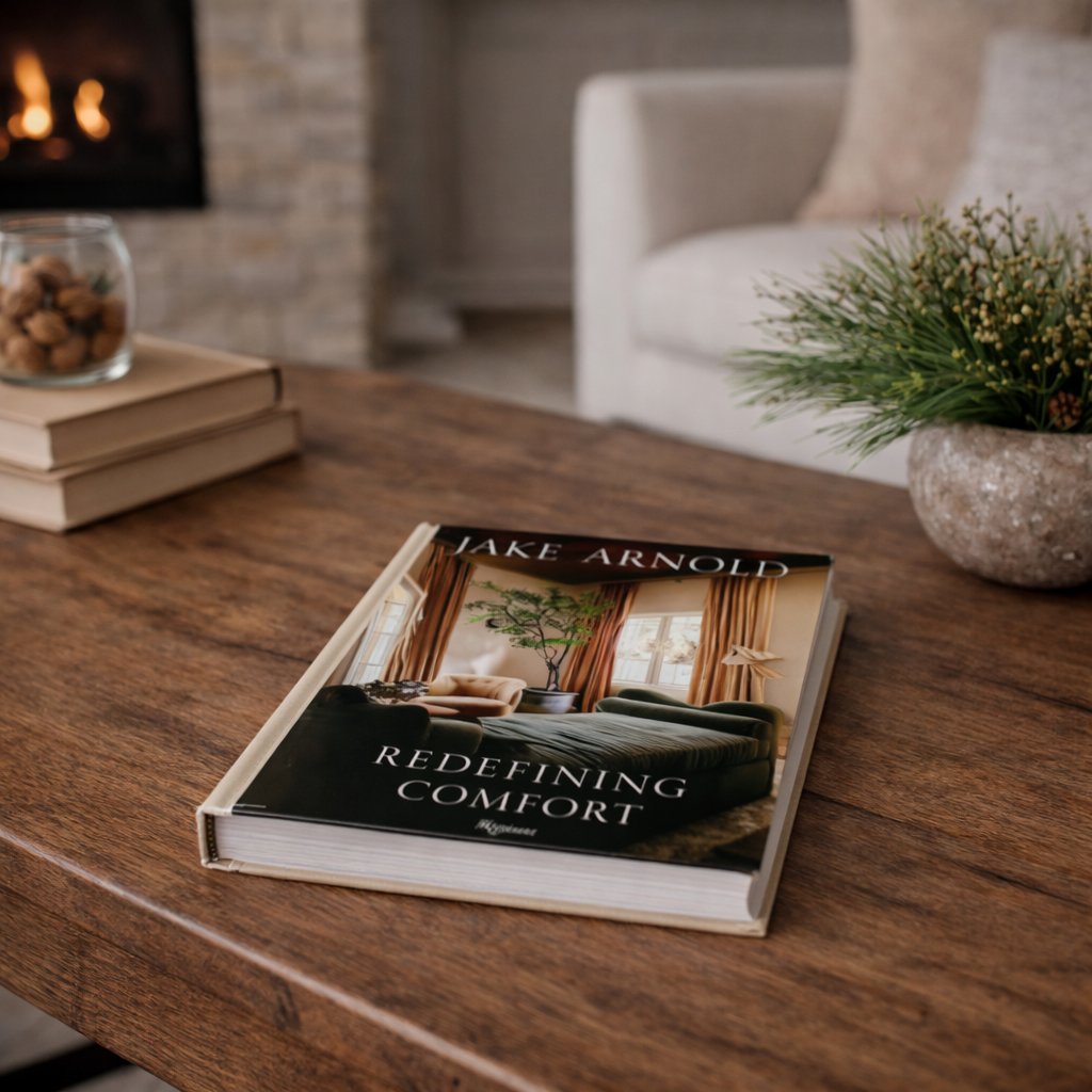 Open Jake Arnold coffee table book by Luxe B Co featuring interior design photos and stylish decor inspiration.