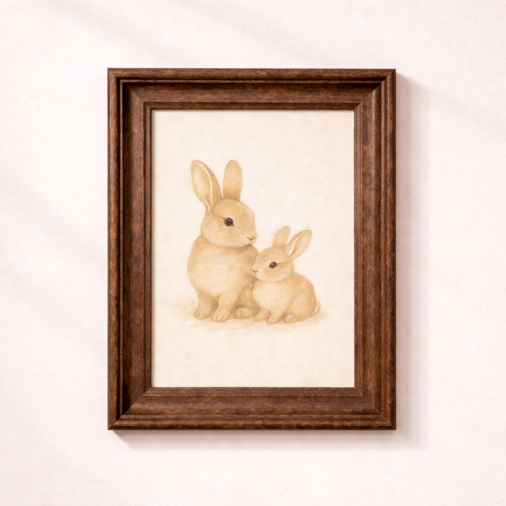 Antique-inspired framed art featuring cute little bunnies in a classic Westbury style by Luxe B Co.