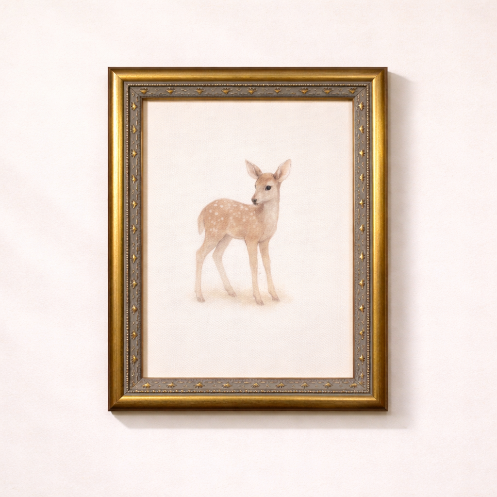 Antique-inspired brass mould framed art featuring a delicate little deer, by Luxe B Co, vintage-style wall decor.