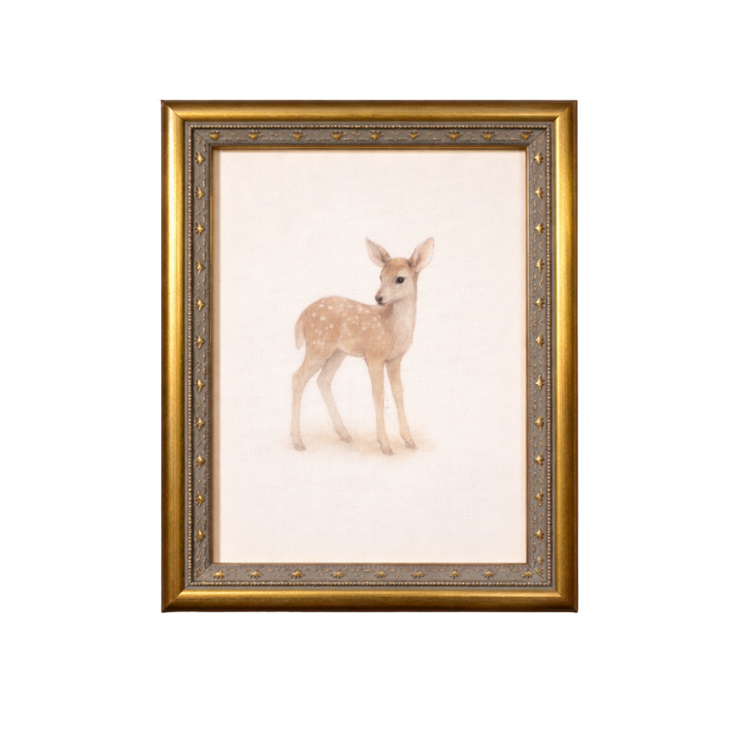 Antique-inspired brass mould framed art of a little deer, designed by Luxe B Co, showcasing intricate detailing in a vintage style.