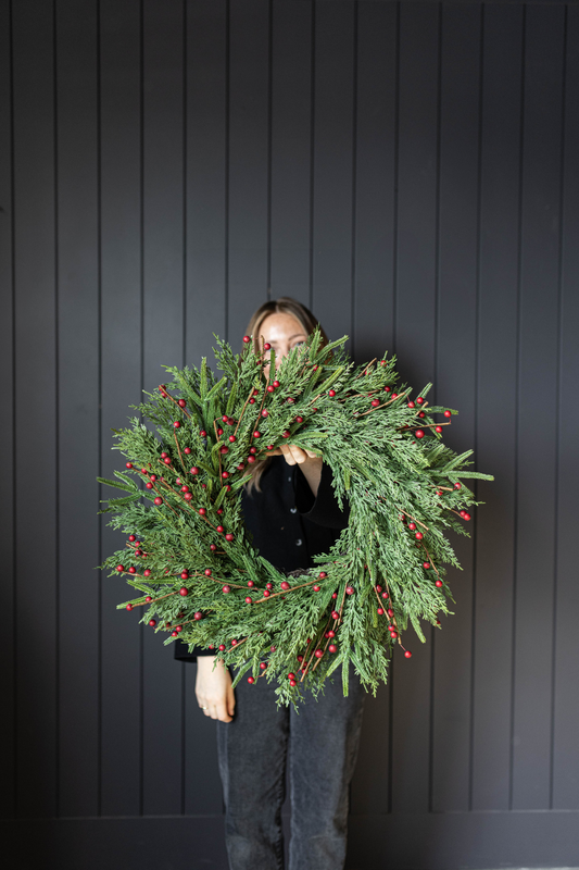 Red Plum Berry Norfolk Cypress Real Touch Wreath - 24" - Luxe B Co