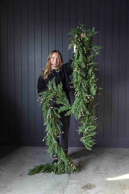 White Plum Berry Norfolk Cypress Real Touch Garland - 15 Ft - Luxe B Co