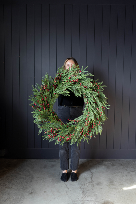Red Plum Berry Norfolk Cypress Real Touch Wreath - 34" - Luxe B Co