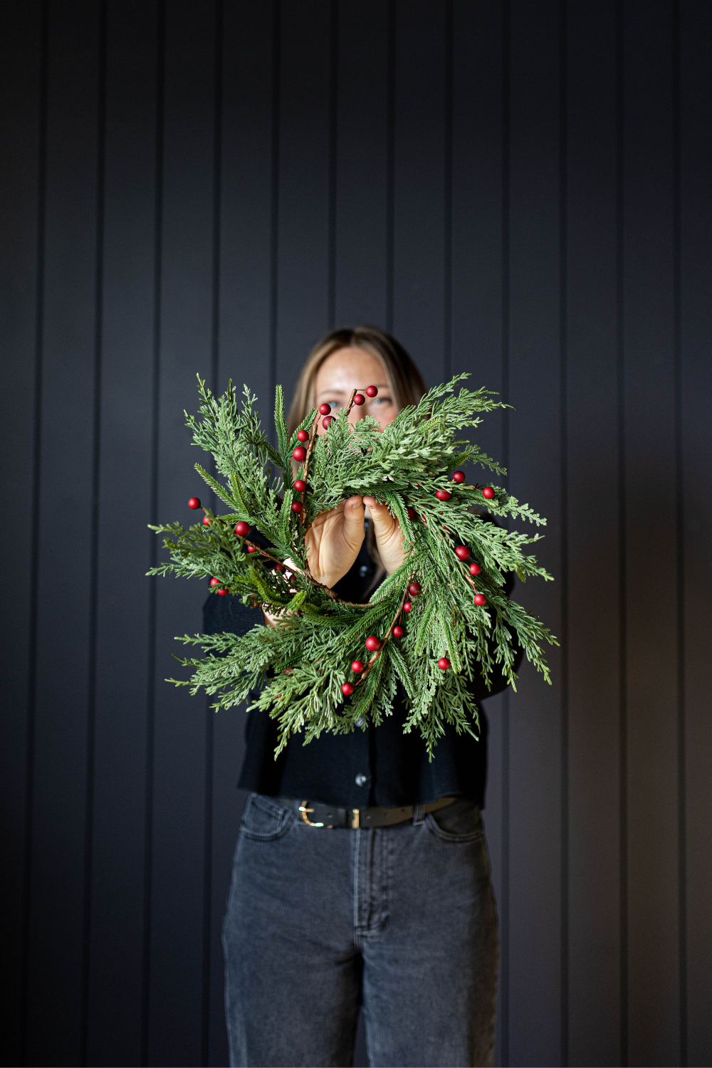 Red Plum Berry Norfolk Cypress Real Touch Wreath - 14" - Luxe B Co