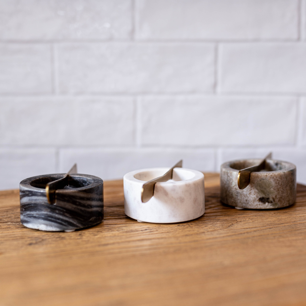 Marble charcuterie dish with fork and knife set by Luxe B Co, perfect for serving cured meats, cheeses, and appetizers.