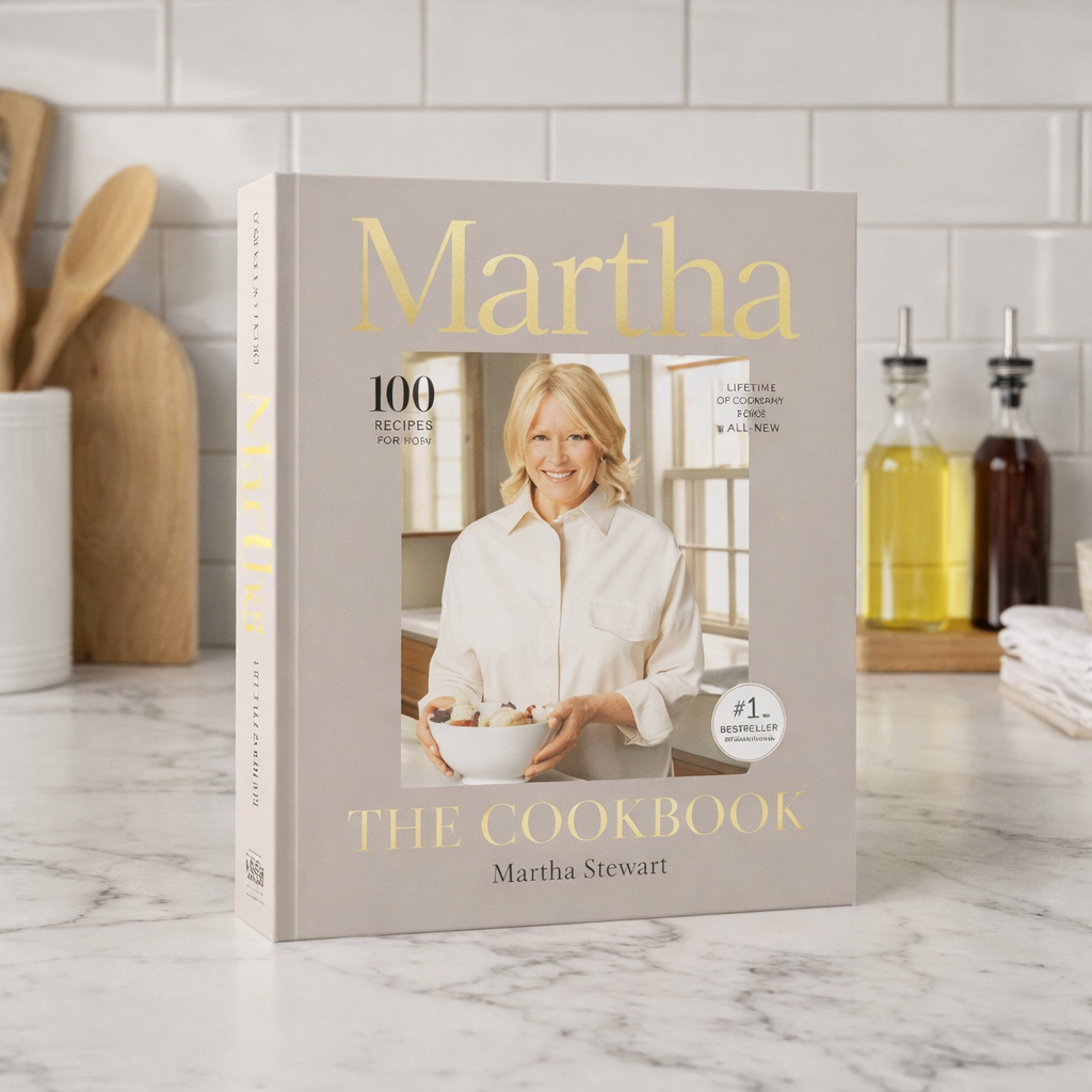 Luxe B Co's Martha The Cookbook featuring colorful pages and recipe illustrations on a clean, open culinary book.