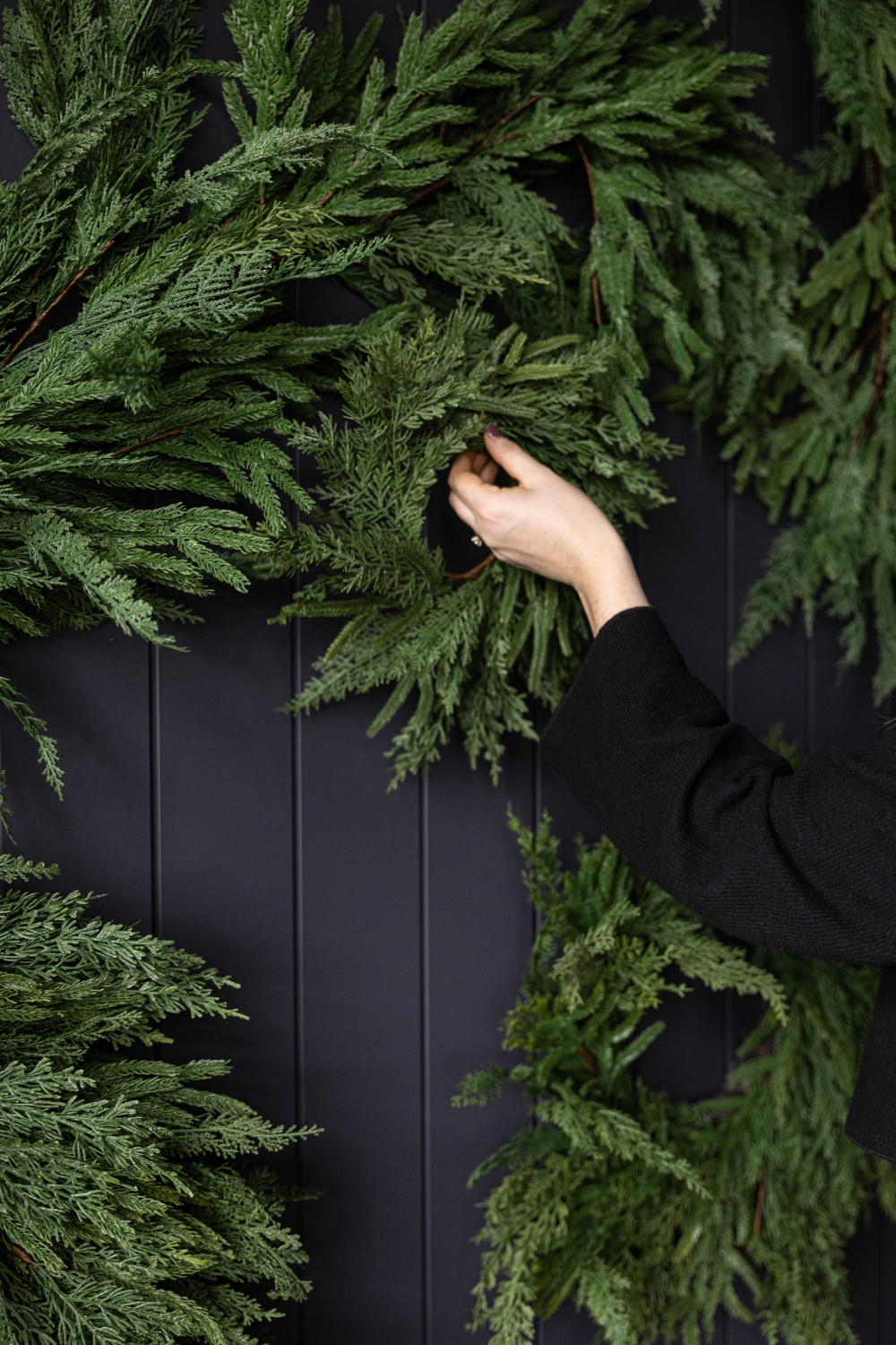 Luxe B Co Norfolk & Cypress mixed real touch wreath, 24-inch decorative wreath with lush Norfolk and cypress greenery.